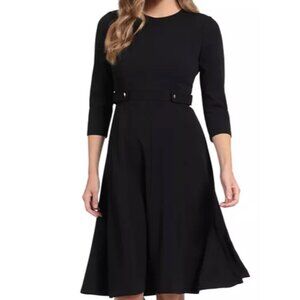 London Times Womens Black 3/4 Sleeve Fit & Flare Dress With Gold Button Detail S
